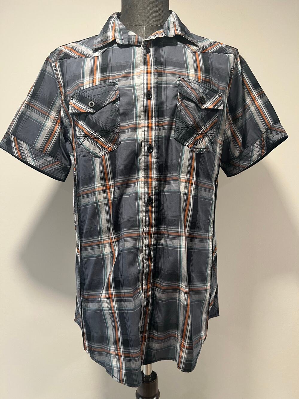 Helix Plaid Short Sleeve Button Down Shirt Athletic Fit Blue Orange Large JL
